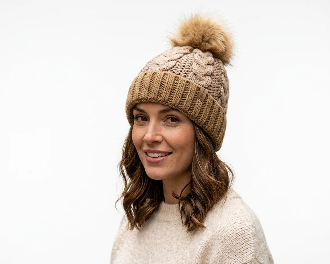 Cherry Red Cable Knit Beanie W/ Pom Pom - Brown