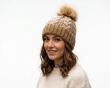Cherry Red Cable Knit Beanie W/ Pom Pom - Brown