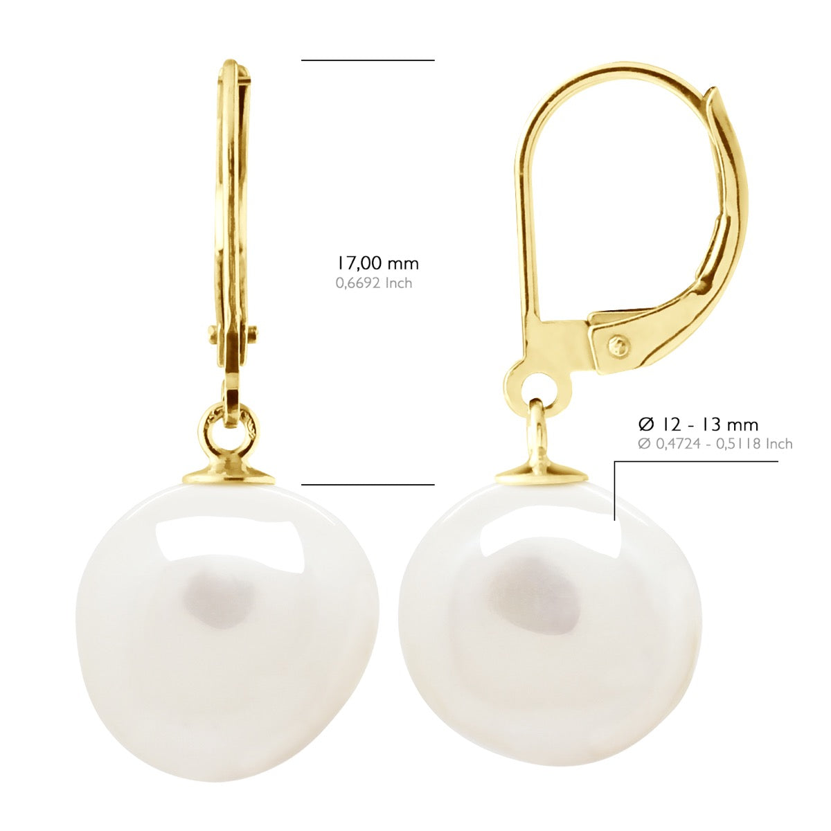 Earrings Yellow Gold - Natural Pearl White - Longueur 18 cm