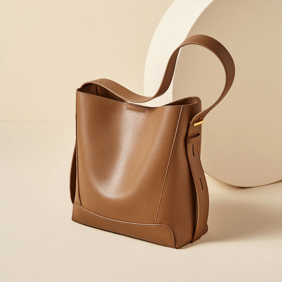 Nalandu Luxe Genuine Leather Bucket Tote Shoulder Bag - Brown