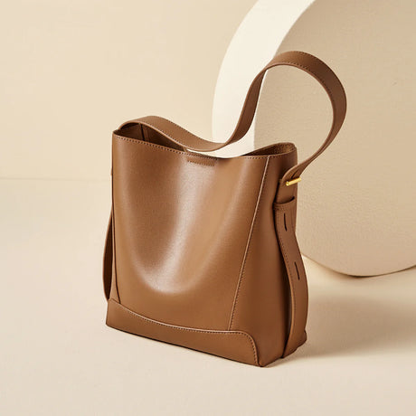 Nalandu Luxe Genuine Leather Bucket Tote Shoulder Bag - Brown