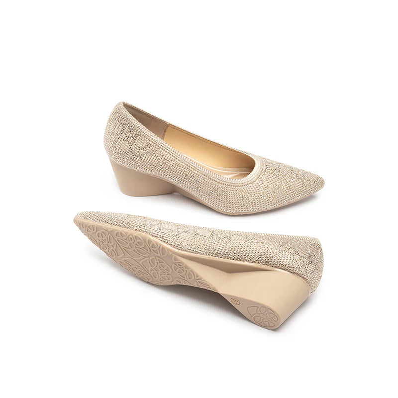 Rhinestone Check Knit Pointed Toe Wedge Pumps - Beige