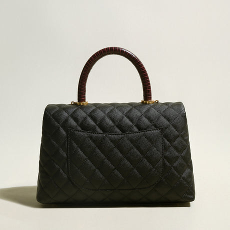 Black Quilted Caviar Leather Top Handle Bag - Black