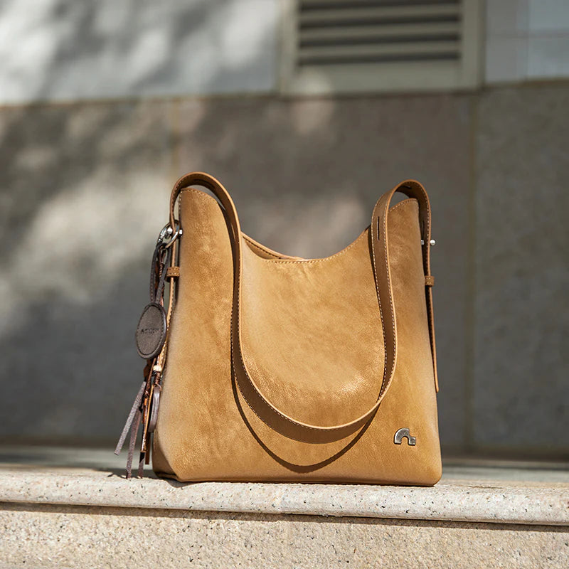 Nalandu Vintage Leather Large Capacity Tote Bag - Camel