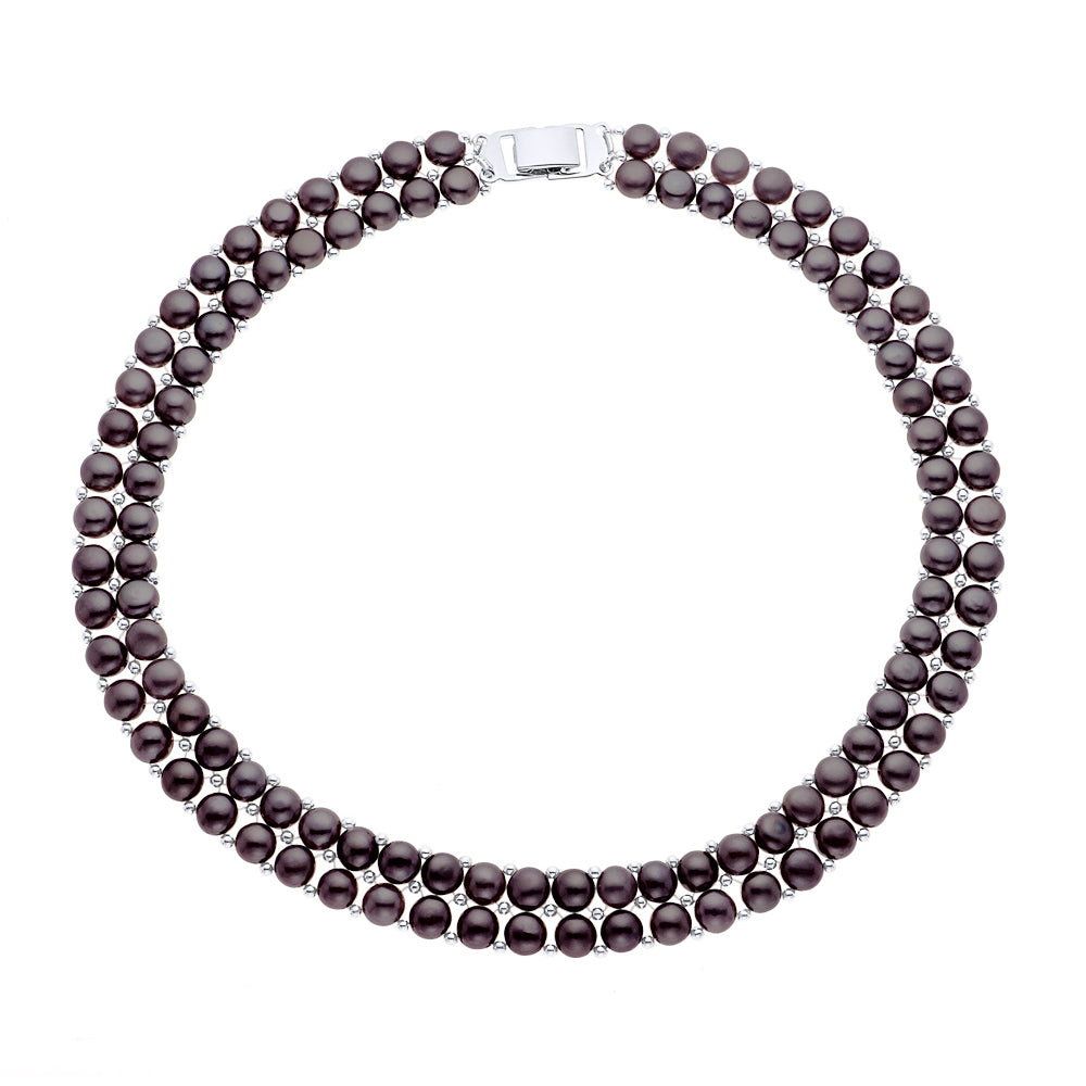 Necklace 2 Rows of Real Freshwater Pearls 4 mm - Black "Tahitian Style" - Longueur 42 cm