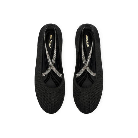 Rhinestone Cross Strap Knit Ballet Flats - Black