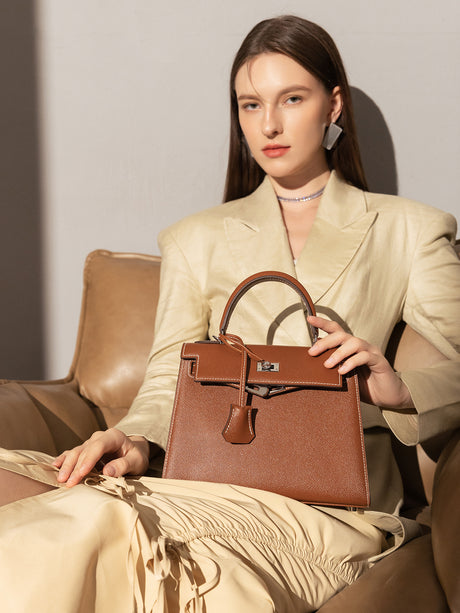 Clifton Palm-Grain Calfskin Top Handle Bag - Brown