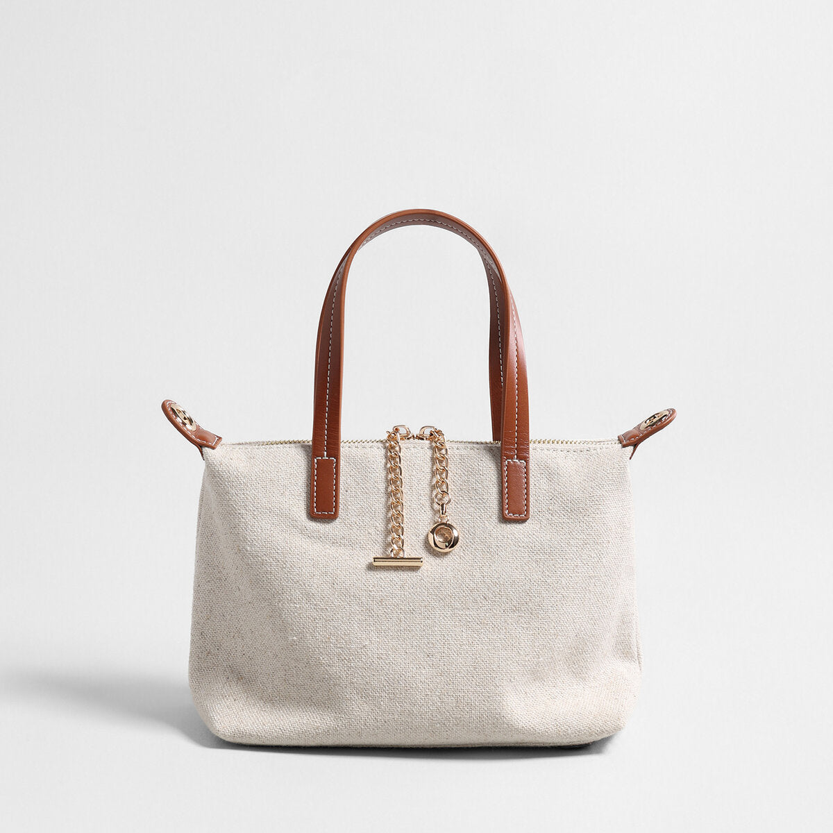 Canvas Leather Trim Mini Tote - Ivory