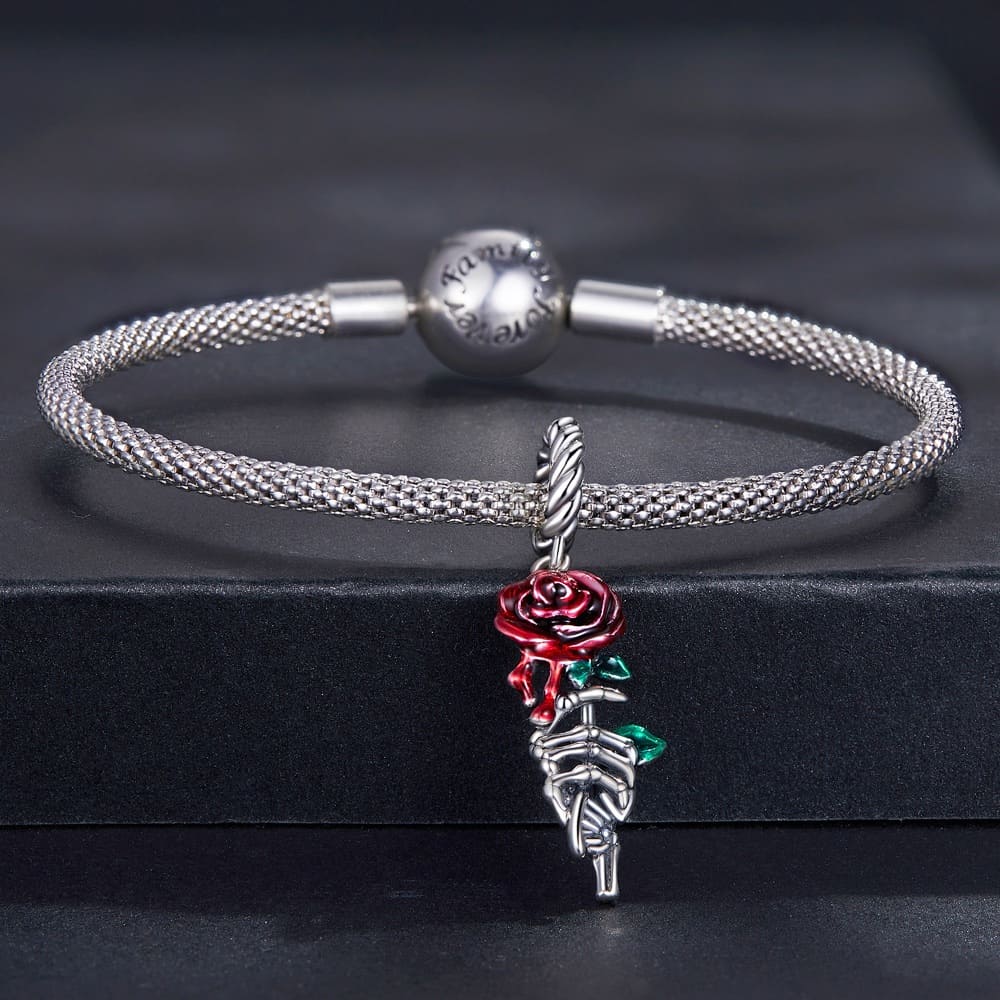 Solid 925 Signature Silver Red Rosy Rose Charm