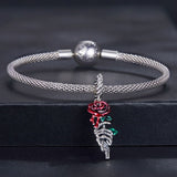 Solid 925 Signature Silver Red Rosy Rose Charm