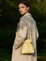 Soft Calfskin Drawstring Bucket Bag - Yellow
