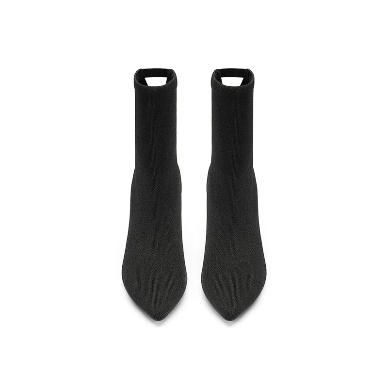 Pointed Toe Block Heel Knit Ankle Boots - Black