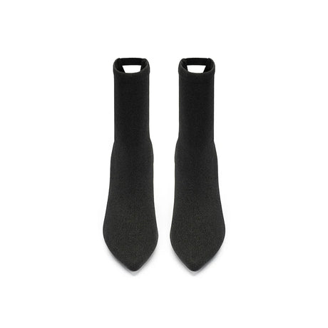 Pointed Toe Block Heel Knit Ankle Boots - Black