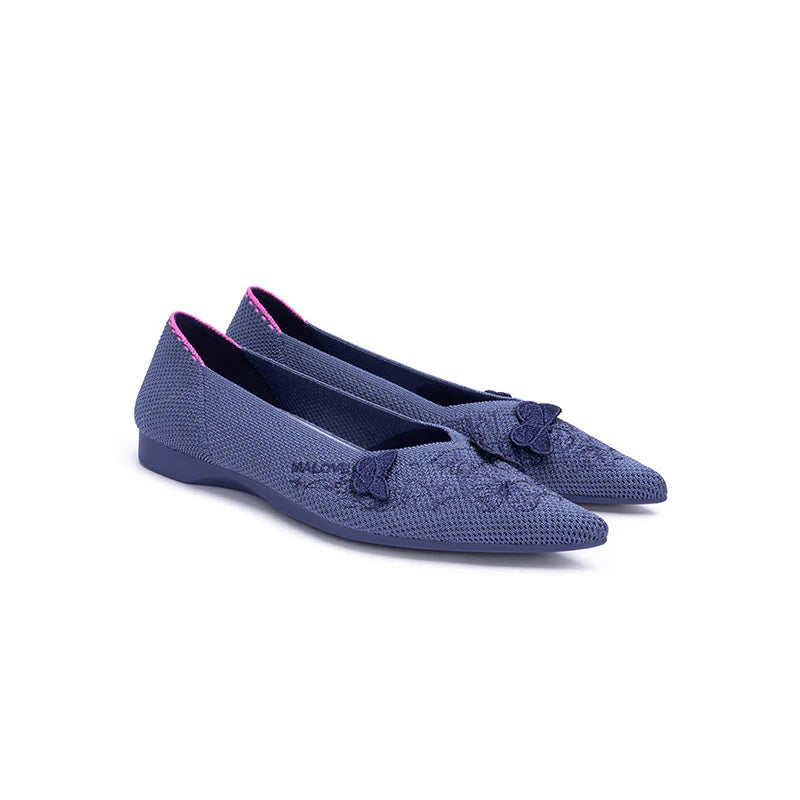 Butterfly Floral Knit Pointed Toe Ballet Flats - Indigo