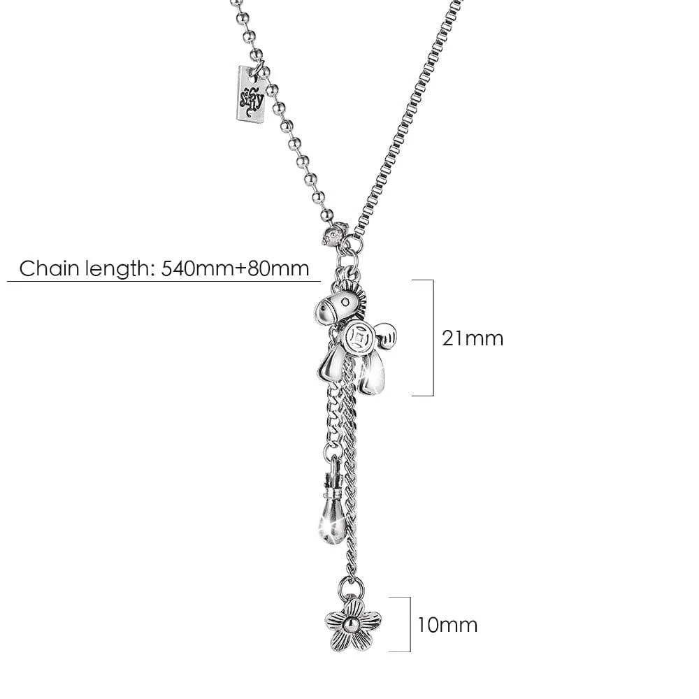 Bullion Gold Petite Pony and Flower Long Chain Necklace in White Gold