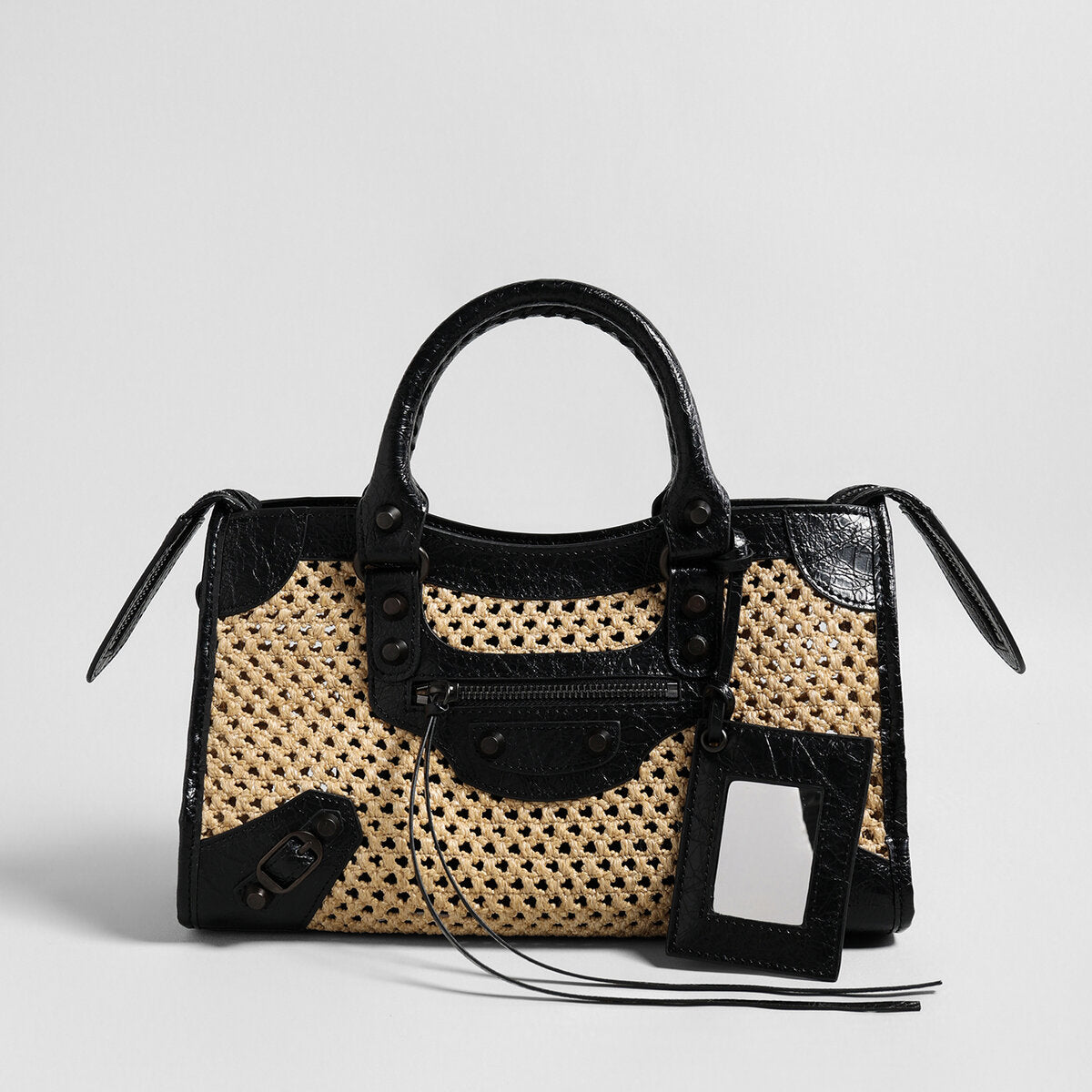Studded Woven Straw Moto Bag - Black