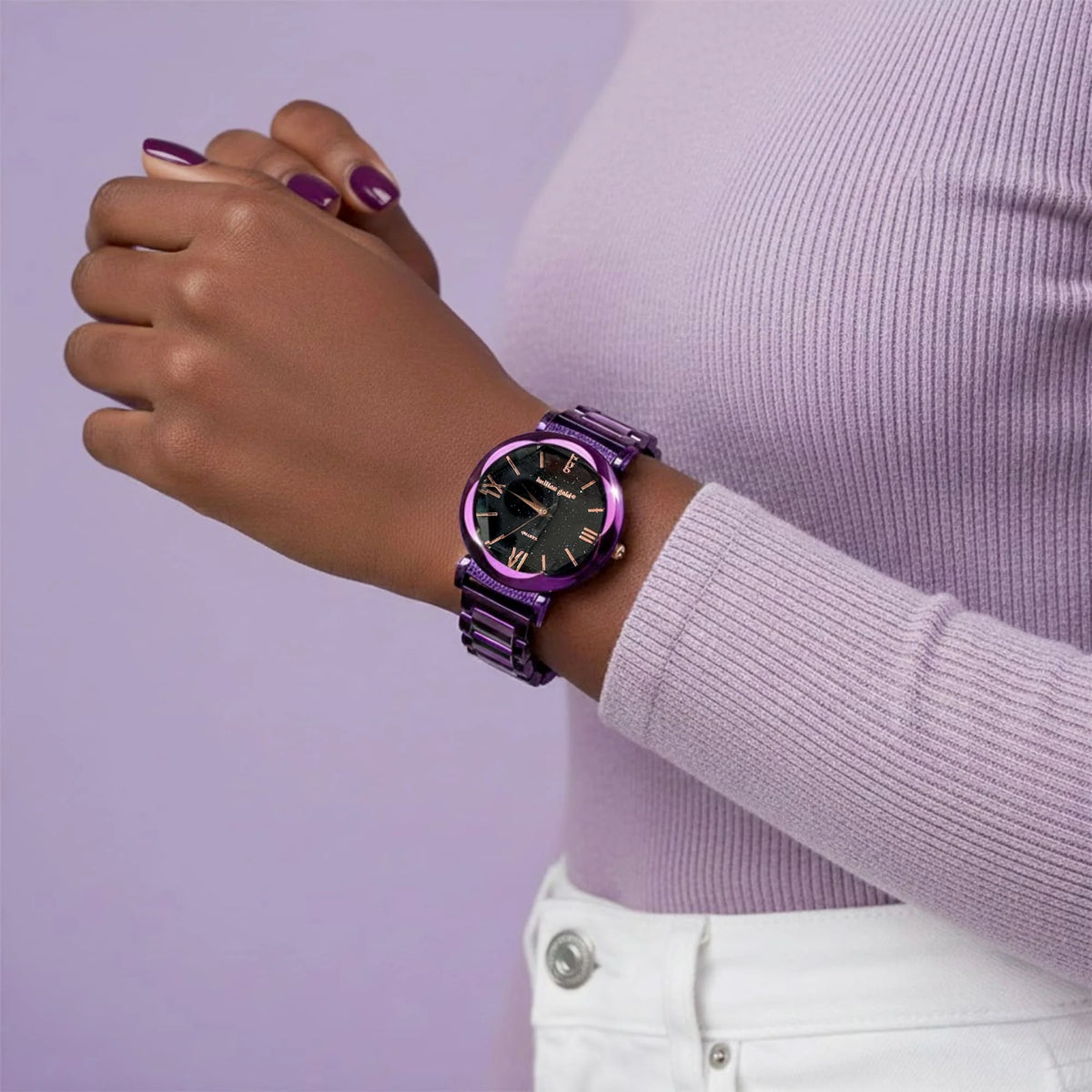 Bullion Gold Bullion Gold Romish Watch Embellished with Glittering Crystals - Purple and Black