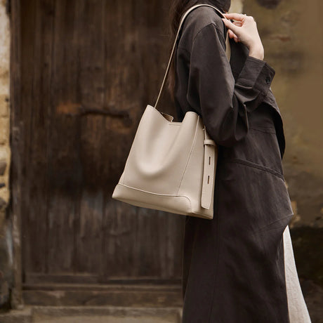 Nalandu Luxe Genuine Leather Bucket Tote Shoulder Bag - Taupe