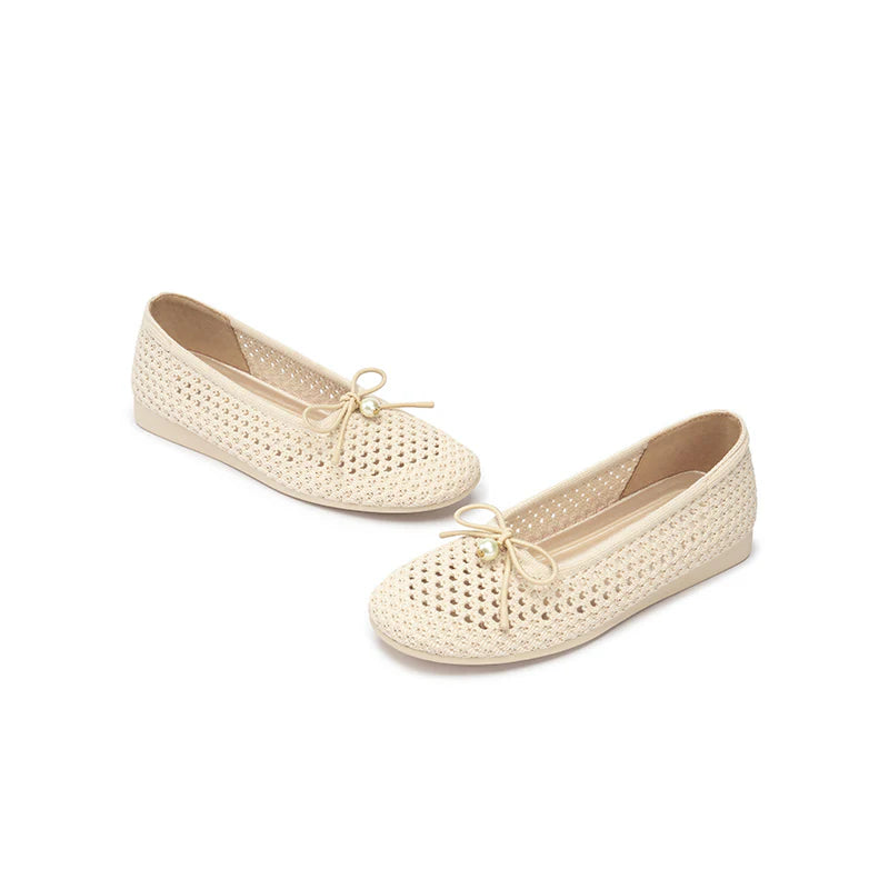 Pearl Bow Heart Mesh Knit Round Toe Wedge Flats - Ivory