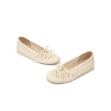 Pearl Bow Heart Mesh Knit Round Toe Wedge Flats - Ivory