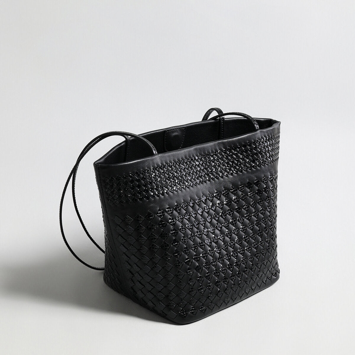 Hand-Woven Leather Tote Bag - Black