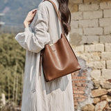 Nalandu Minimalist Genuine Leather Bucket Shoulder Bag - Coffee