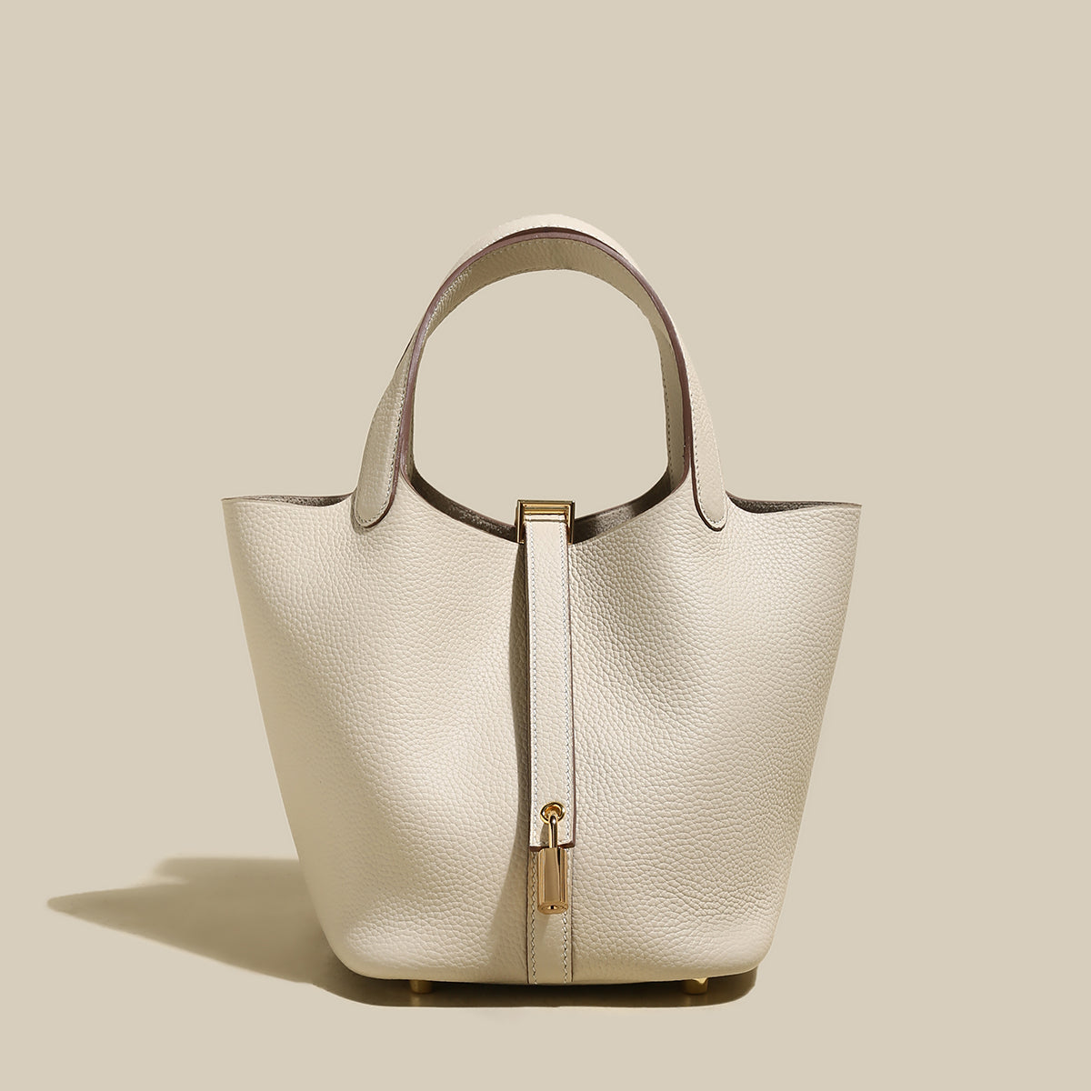 Premium Pebbled Leather Bucket Tote Bag - Ivory