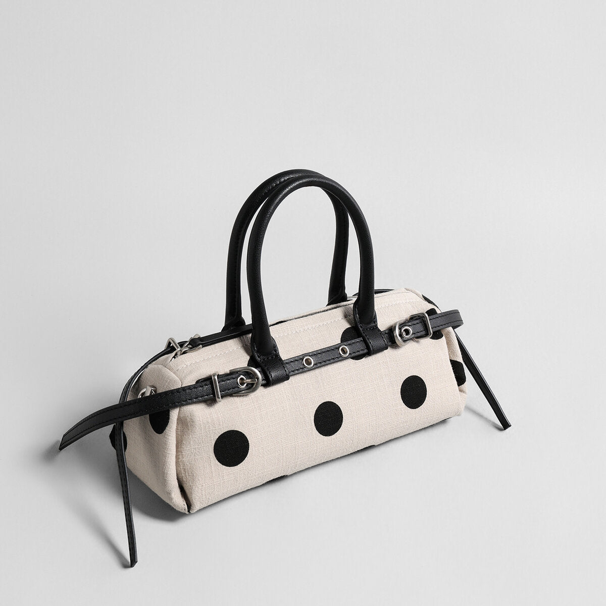 Polka Dot Canvas Barrel Bag - Ivory