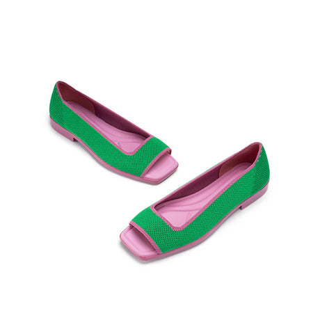 Colorblock Peep Toe Knit Flats - Green