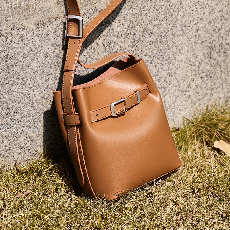 Nalandu Harper Leather Belt Accent Bucket Crossbody Bag - Brown