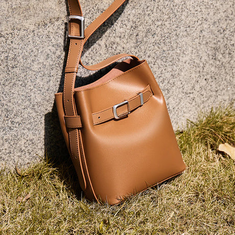Nalandu Harper Leather Belt Accent Bucket Crossbody Bag - Brown