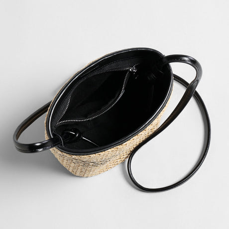 Striped Woven Straw Bucket Bag - Natural
