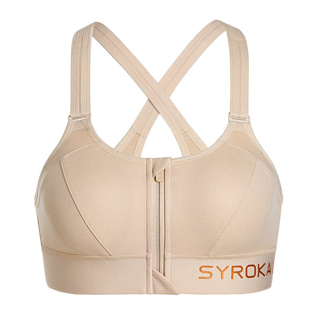 Zip Front Large Padded High Impact Sports Bra - Beige