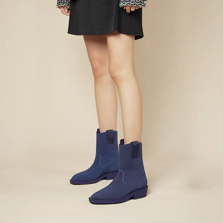 Knit Block Heel Ankle Boots - Navy