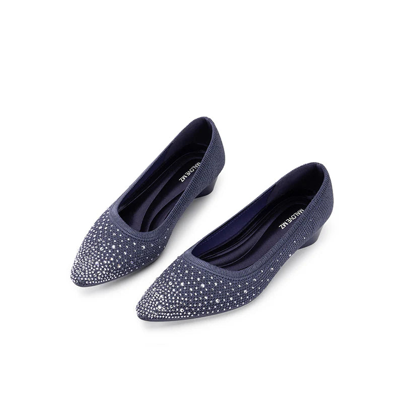 Rhinestone Gradient Knit Pointed Toe Wedge Flats - Navy