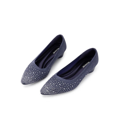 Rhinestone Gradient Knit Pointed Toe Wedge Flats - Navy