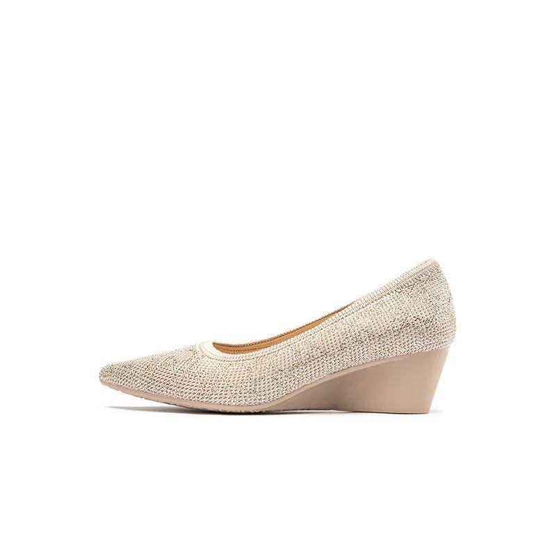 Rhinestone Check Knit Pointed Toe Wedge Pumps - Beige