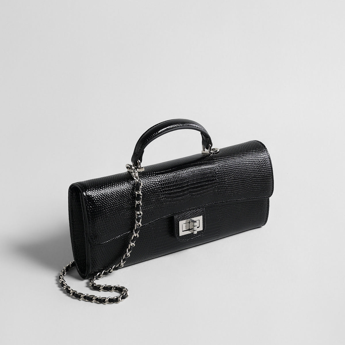 Lizard Embossed Leather Baguette Bag – Black Chain Shoulder Bag