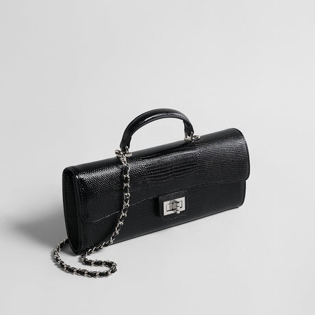 Lizard Embossed Leather Baguette Bag – Black Chain Shoulder Bag