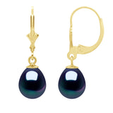 Earrings In Yellow Gold 375 and Real Cultured Freshwater Pearls Pear 8-9 mm - Black "Tahitian Style" - Longueur 18 cm