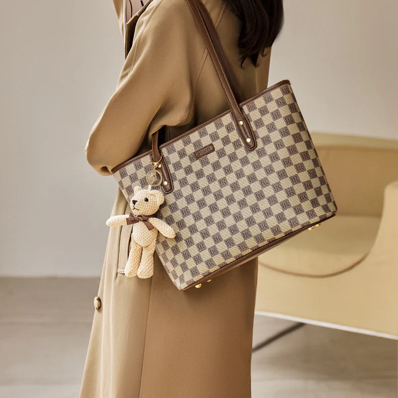 Nalandu Vintage Checkered Large Capacity Shoulder Tote Bag - Khaki