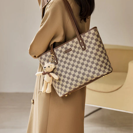 Nalandu Vintage Checkered Large Capacity Shoulder Tote Bag - Khaki