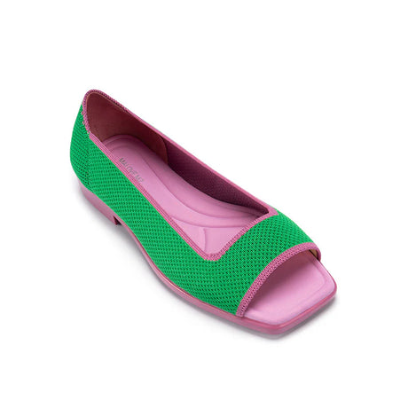 Colorblock Peep Toe Knit Flats - Green
