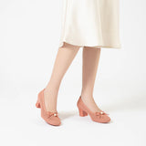 Pearl Bow Mesh Knit Round Toe Pumps - Orange