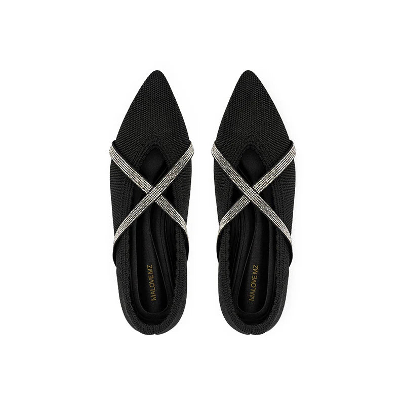 Rhinestone Cross Strap Pointed Toe Knit Flats - Black