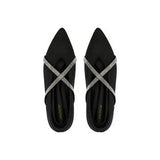 Rhinestone Cross Strap Pointed Toe Knit Flats - Black