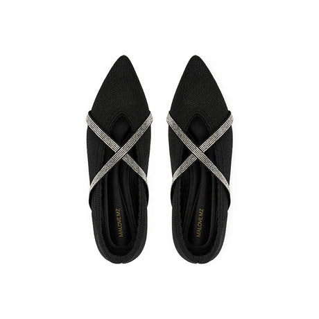 Rhinestone Cross Strap Pointed Toe Knit Flats - Black