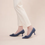 Parisian Pearl Bow Kitten Heels - Indigo