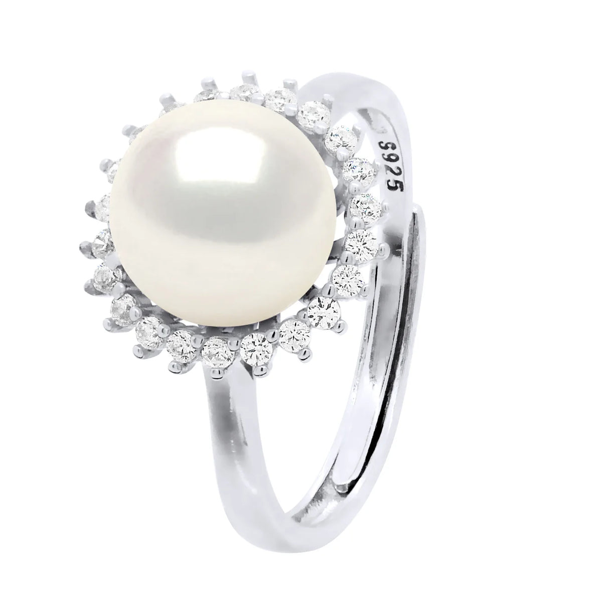 Ring Halo Button Freshwater Pearl & Cubic Zirconia White Adjustable
