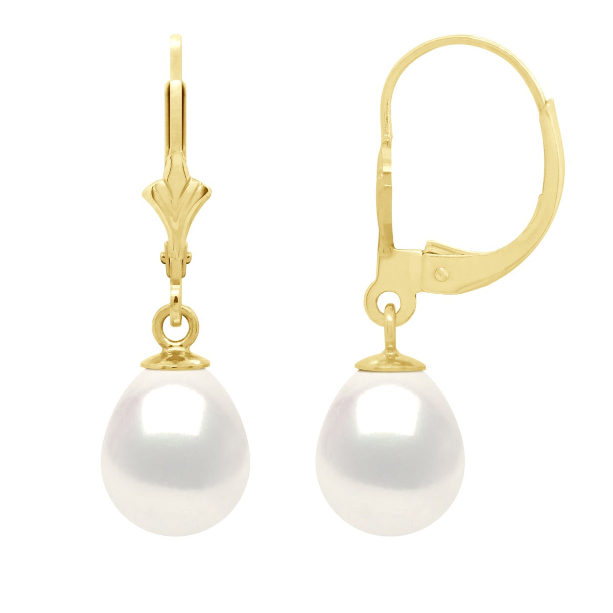 Earrings In Yellow Gold 375 and Real Cultured Freshwater Pearls Pear 8-9 mm - Natural Pearl White - Height Earrings 2,8 cm